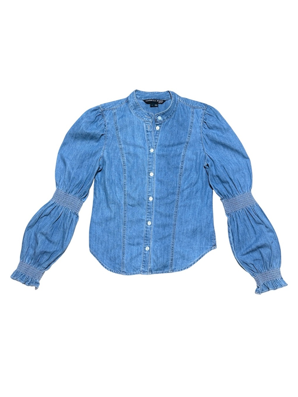 Veronica Beard Dalton Denim Puff Sleeve Button Down Shirt In Mystic Blue Sz 0